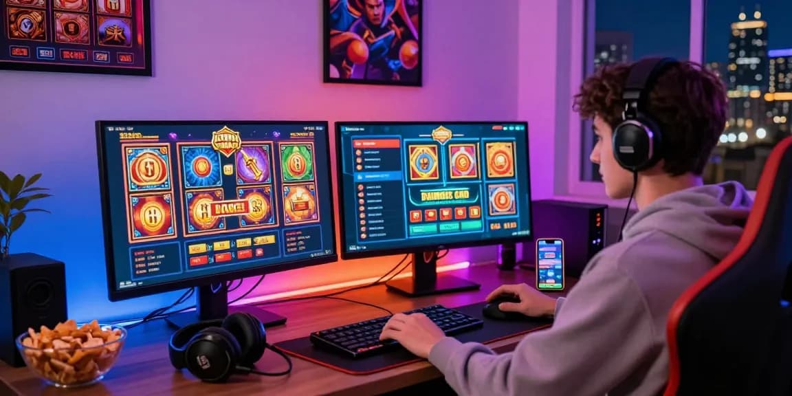 Engaged player exploring casinos that accept credit cards at a stylish home gaming setup with vibrant lights and dual monitors.