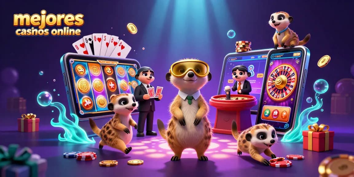 Descubre los mejores casinos online mientras una pandilla de suricatas gestiona un casino en una ilustración vibrante.