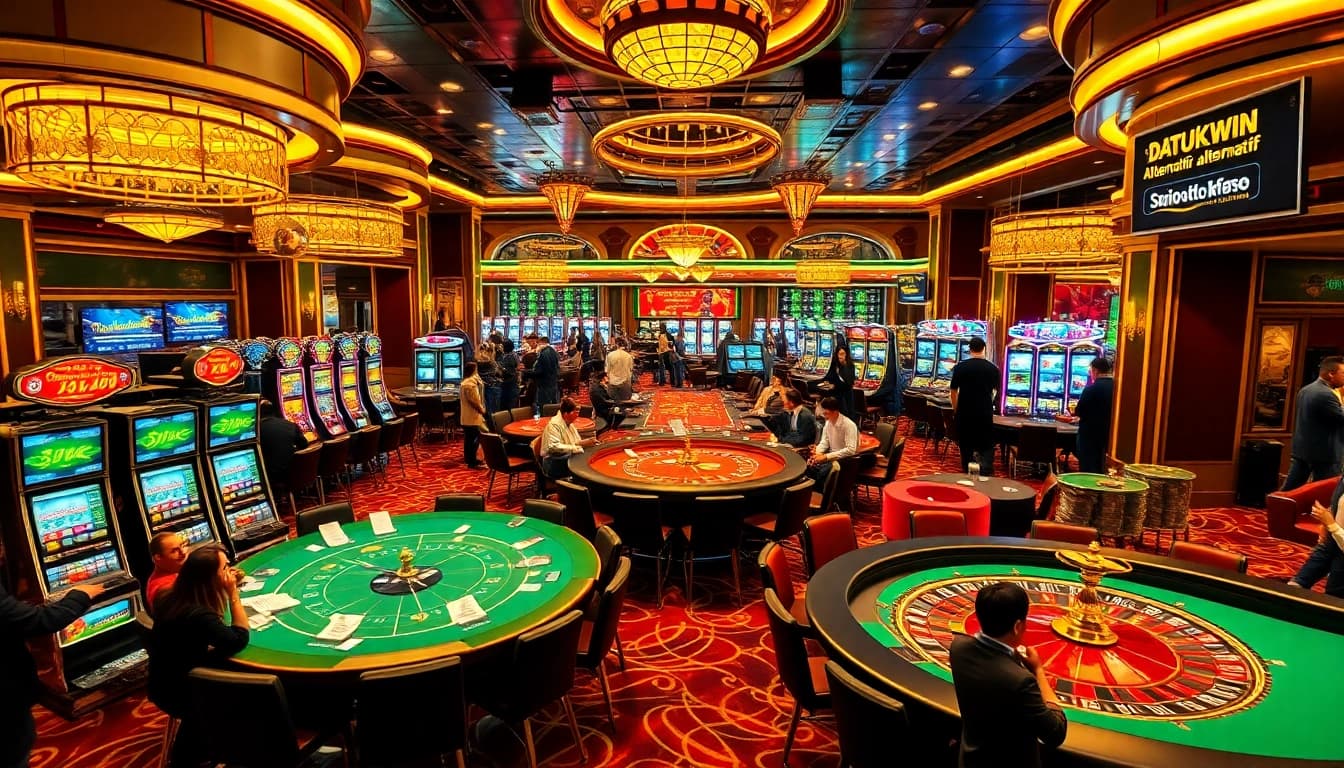 Adegan kasino yang mendebarkan menampilkan elemen Datukwin Alternatif, dengan pemain di meja poker dan mesin slot yang penuh warna.