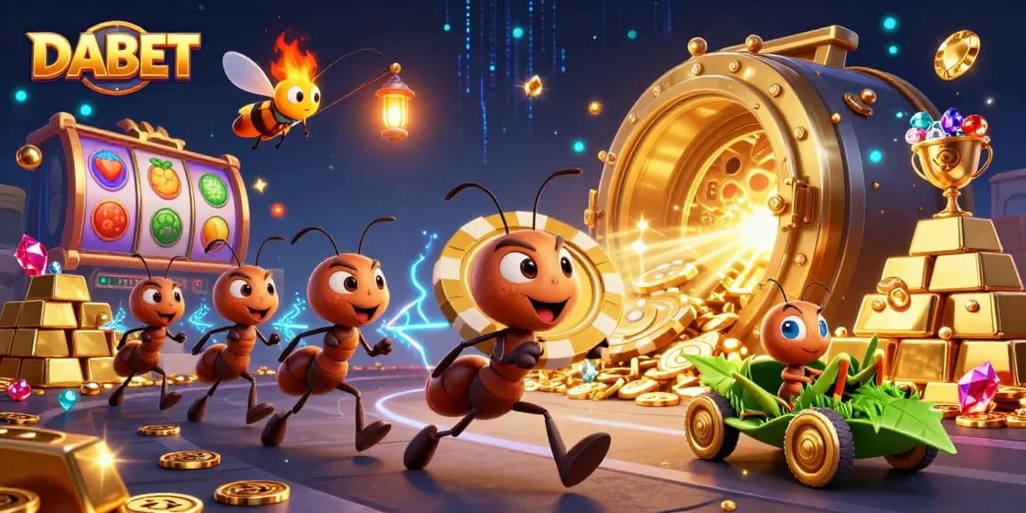 DABET's animated heist scene with ants carrying giant poker chips amidst slot game elements and vibrant treasure.