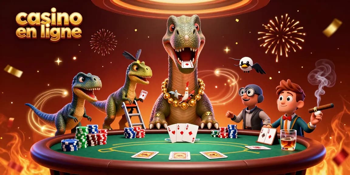 Illustration colorée d'un casino en ligne avec un brontosaurus et des jeux de poker en action.