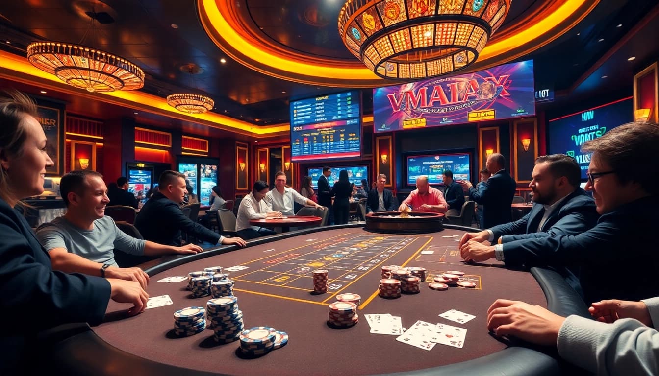 Experience high-stakes gambling at VMAX with a luxurious poker table and vibrant atmosphere.
