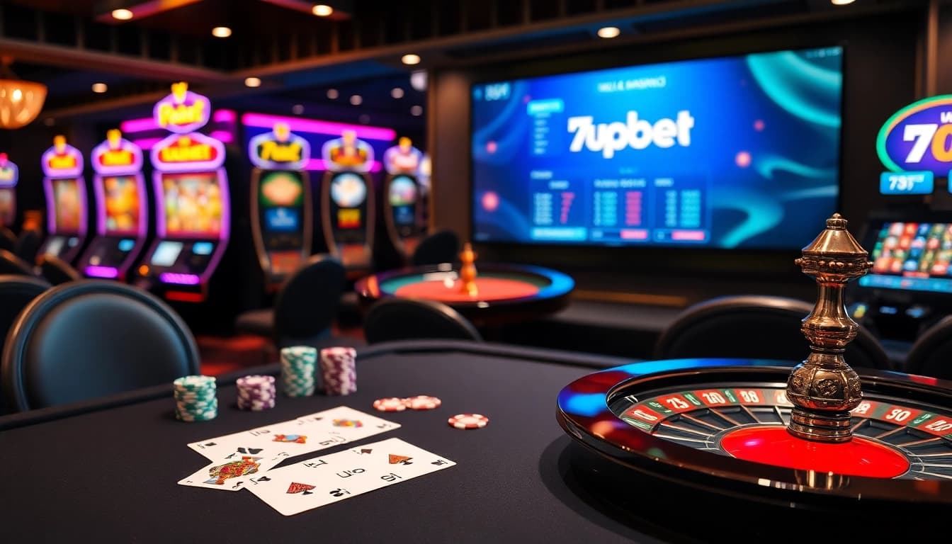 Experience excitement at 7upbet with high-stakes poker and roulette in a luxurious casino setting.