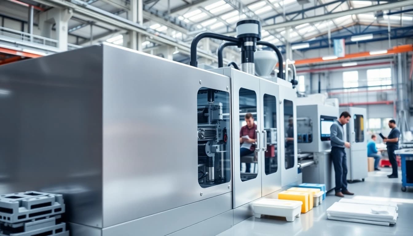 Showcase of a plastic injection molding machine operating efficiently in a busy factory.