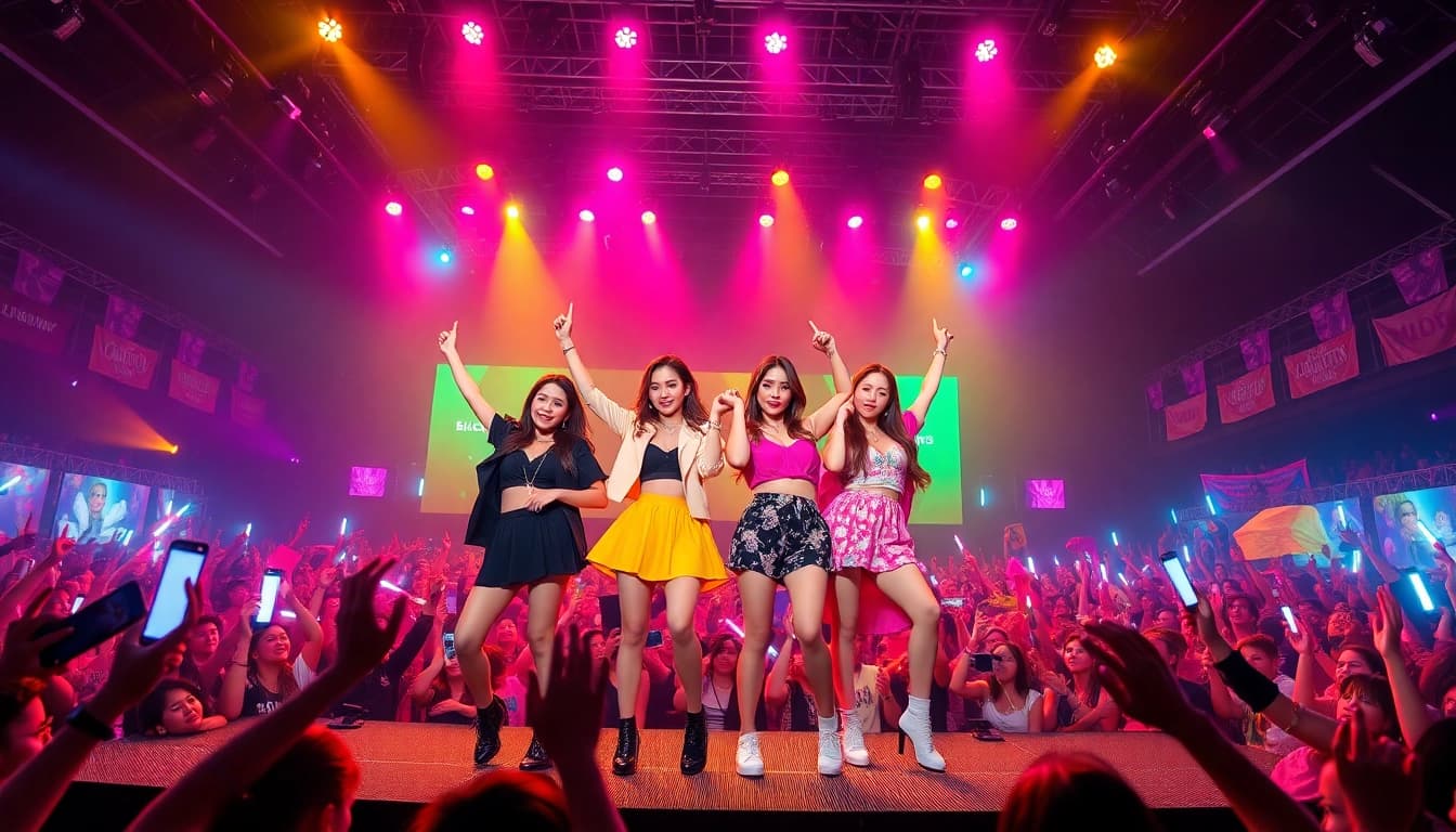 Fans celebrating with Blackpink news during a vibrant concert performance.