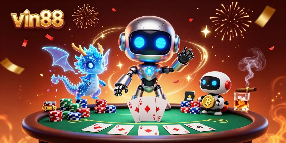 vin88 players enjoying a vibrant casino scene with a robot, dragon, and bitcoin drone.
