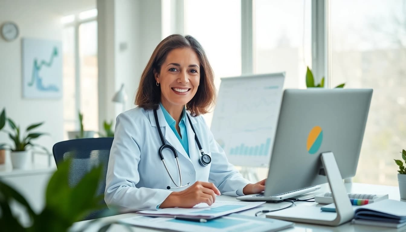 Assessing healthspan metrics in a modern clinic environment with wellness expert measuring vital data.