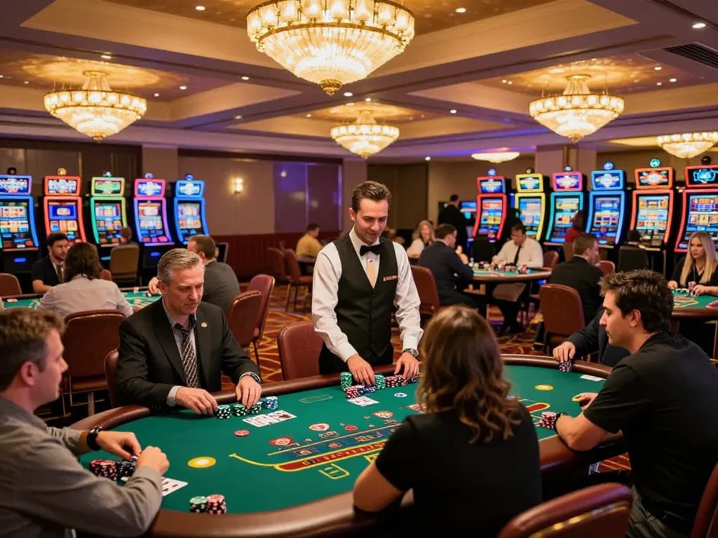 Casino 78win vibrant blackjack gameplay with excited players and warm lighting in an upscale venue.