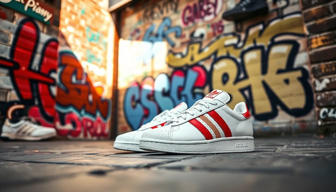 Admiring stylish footwear at adidasfluxpascher.fr in a vibrant urban setting.