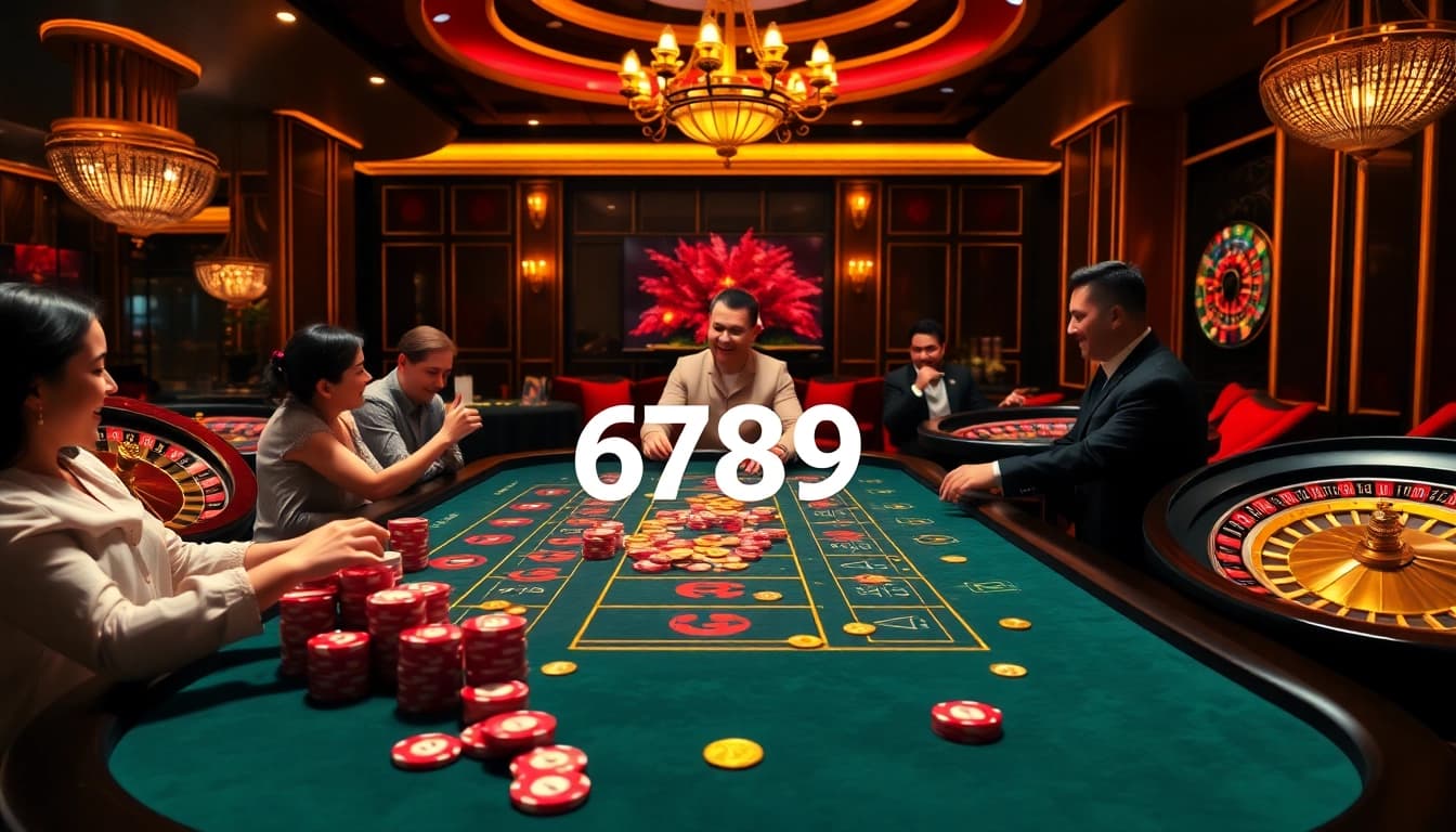 Engaging scene at 6789 casino showcasing luxury with dealers and excited players at a roulette table.