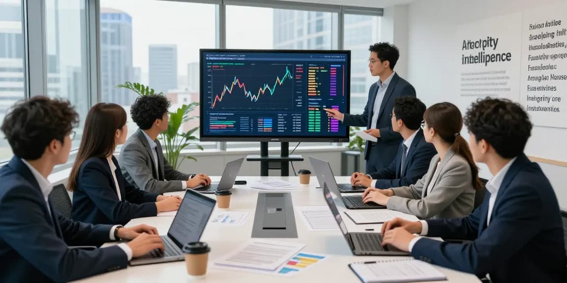 Team analyzing financial crime intelligence data in a modern office setting with presentations and analytical tools.