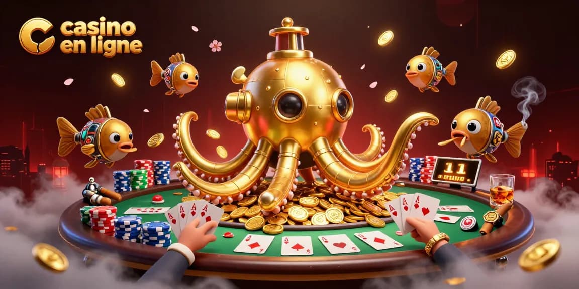Visuel captivant de casino en ligne, représentant un kraken doré et des poissons mécaniques entourant des jetons de poker.