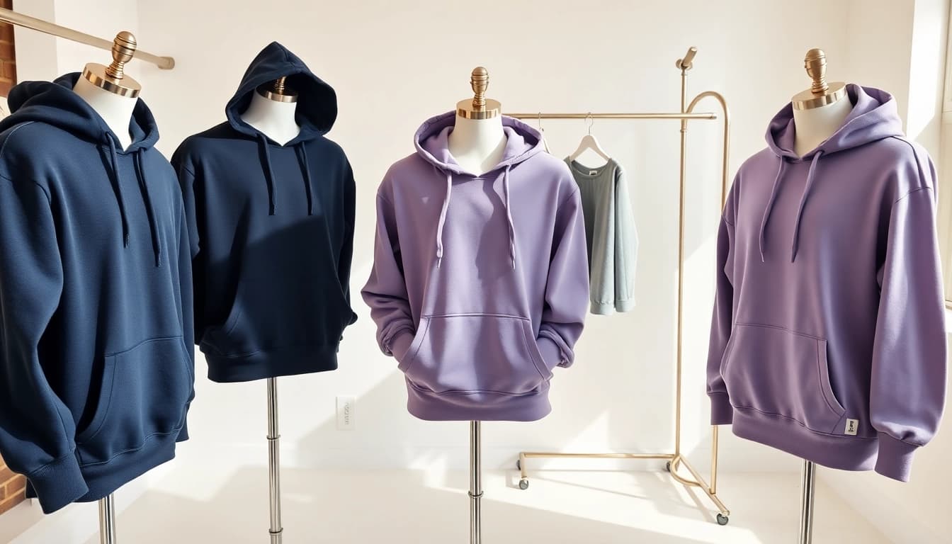 Showcasing high-quality blank hoodies in a trendy retail environment with vibrant colors.