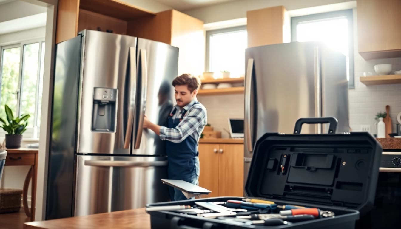 Appliance repair technician meticulously fixing a stainless steel refrigerator.