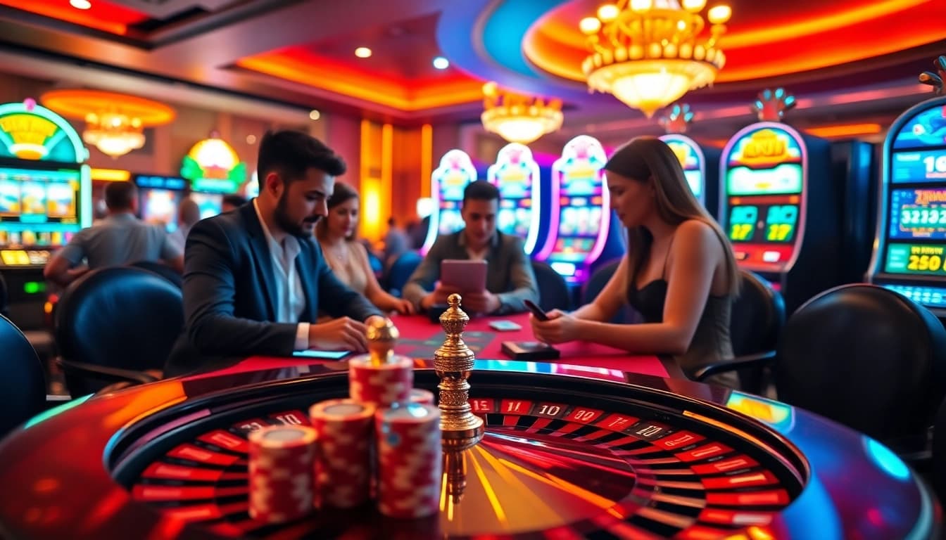 Players enjoying high-stakes poker at a luxurious casino table while engaging with ku3933 online betting systems.