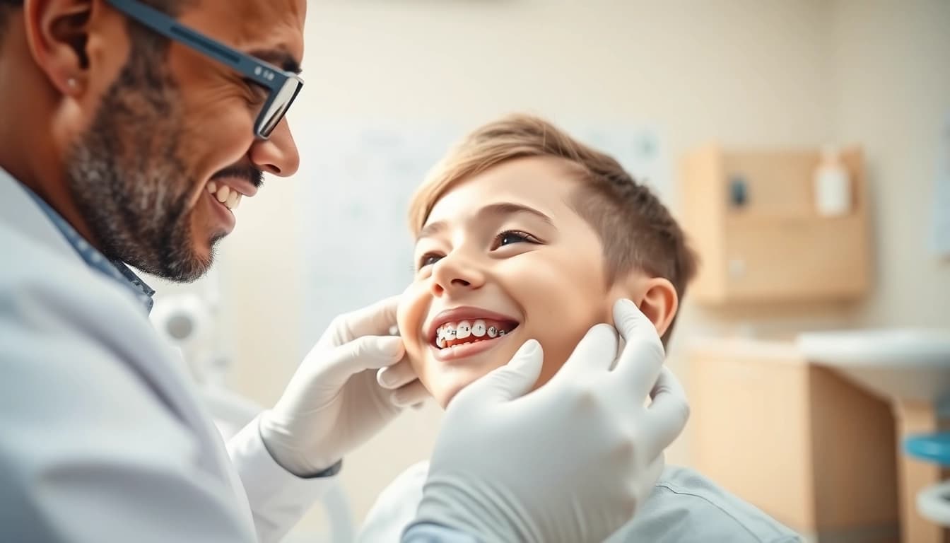 Orthodontist fitting metal braces on a patient's teeth, showcasing the dental process.