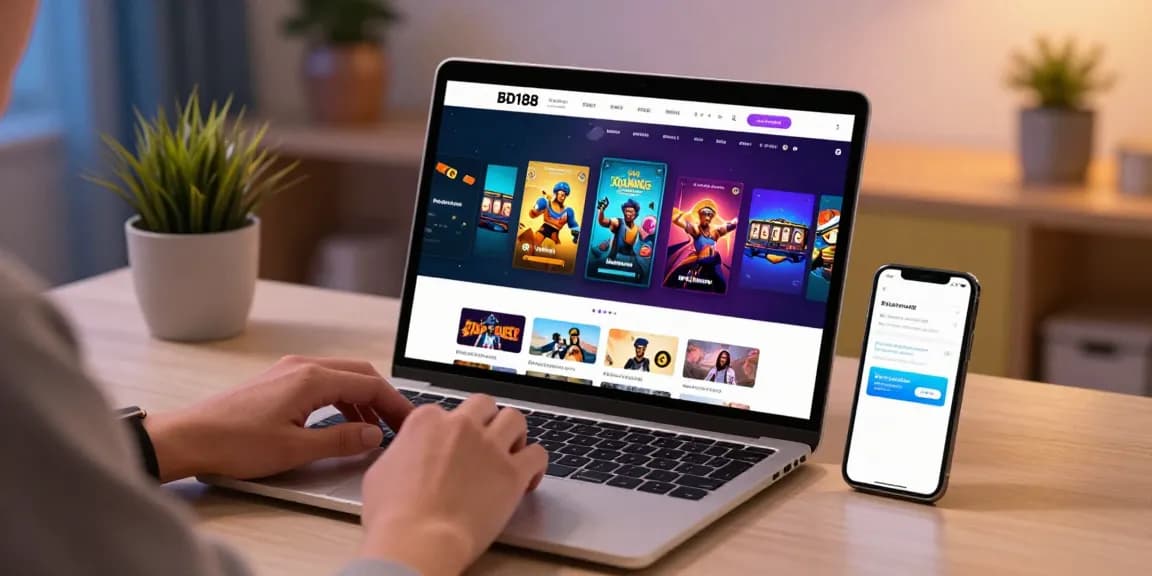 Paglalaro sa bd188 sa laptop na may mga mobile games at smartphone notifications sa tabi.