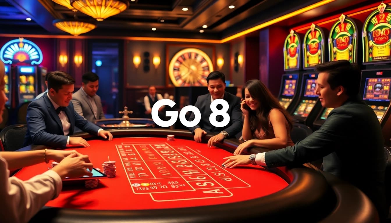 Go8 casino visitors enjoying an exciting baccarat game with vibrant chips and slot machines.