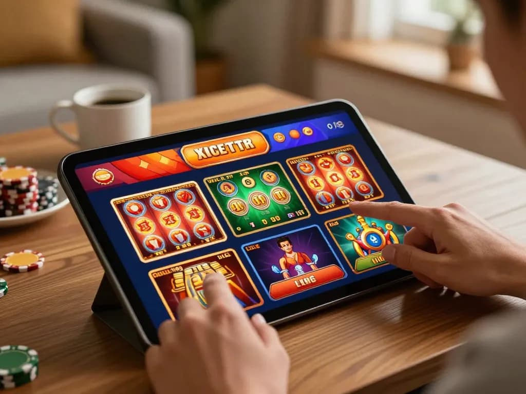 MMOO mobile gaming action with hands on a smartphone showcasing casino interface