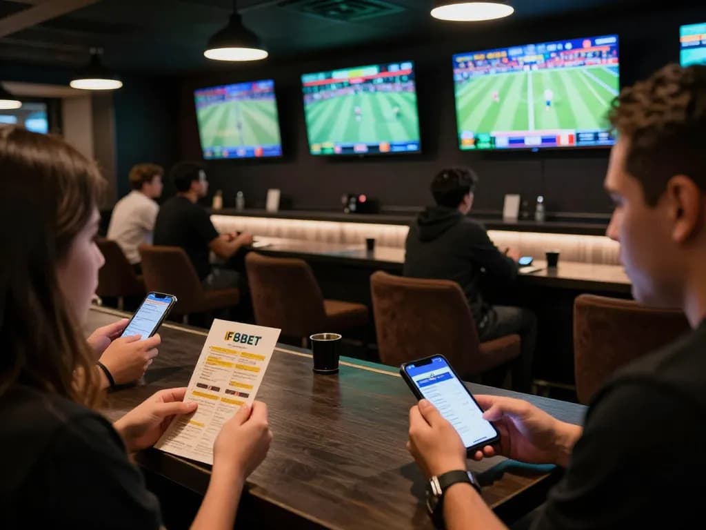 Sports betting on F8BET as patrons engage in lively discussions and place bets in a modern lounge.