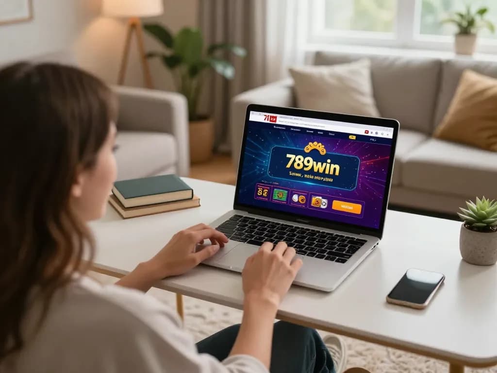 Engaging with the 789win link at home while enjoying online casino games at a stylish desk