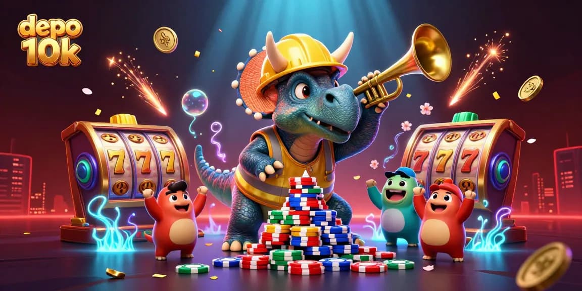 Experience the thrill of depo 10k with lively characters building poker chips amidst exciting casino elements.