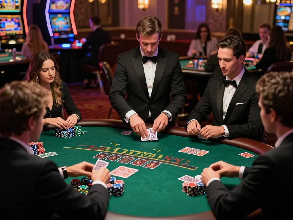 Players strategizing at a blackjack table in a dynamic casino scene on 98win.