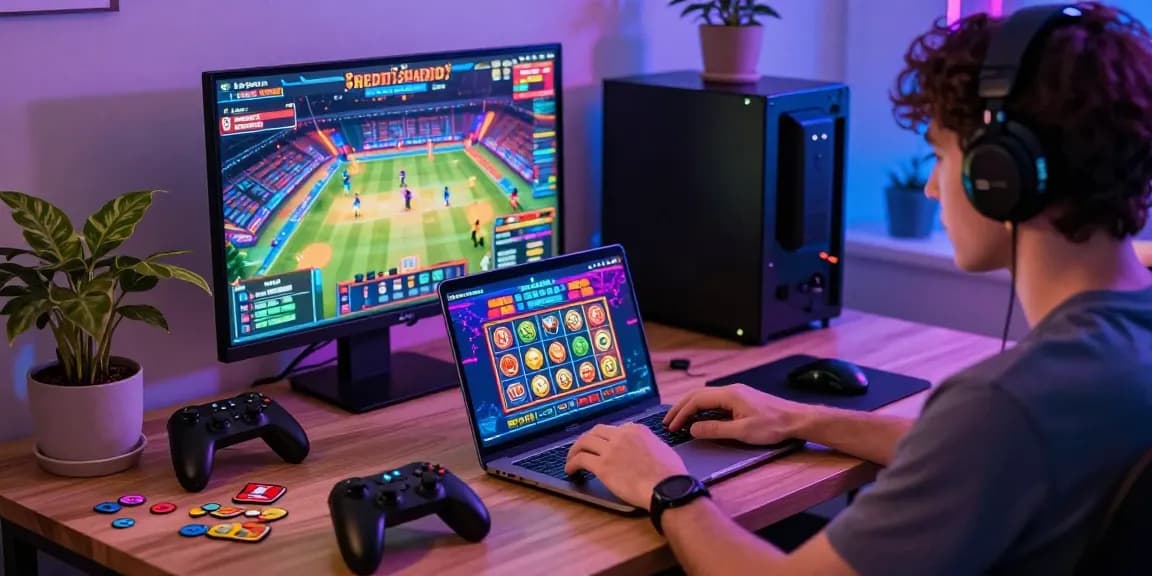 Engaging atmosphere of credit card casinos, with a player immersed in online gaming at home, colorful game graphics and neon lights.
