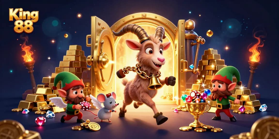 Experience the excitement with King 88 in a festive 3D casino illustration filled with treasures and challenges.
