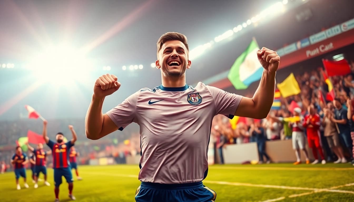 Celebrate victory at https://mm88bc.com/ with an athlete in action after scoring a goal.