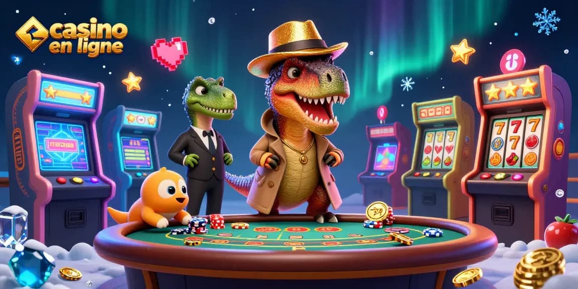 Vente au casino en ligne avec un velociraptor comptant les cartes et des éléments de jeu colorés autour.