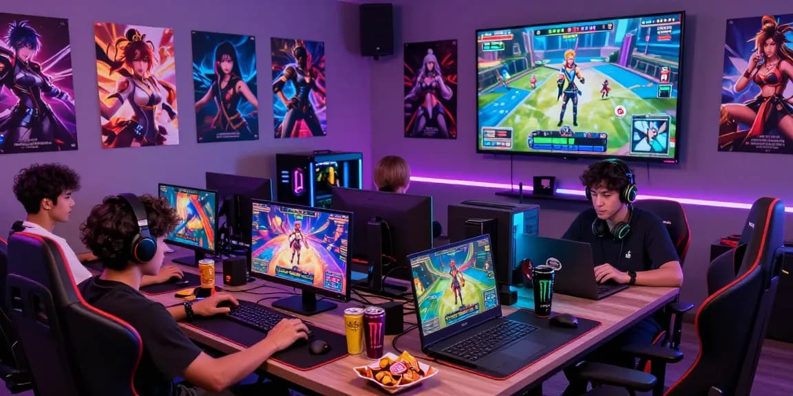 Group of gamers playing colorful hentai game on multiple devices in a vibrant room with gaming posters and snacks.
