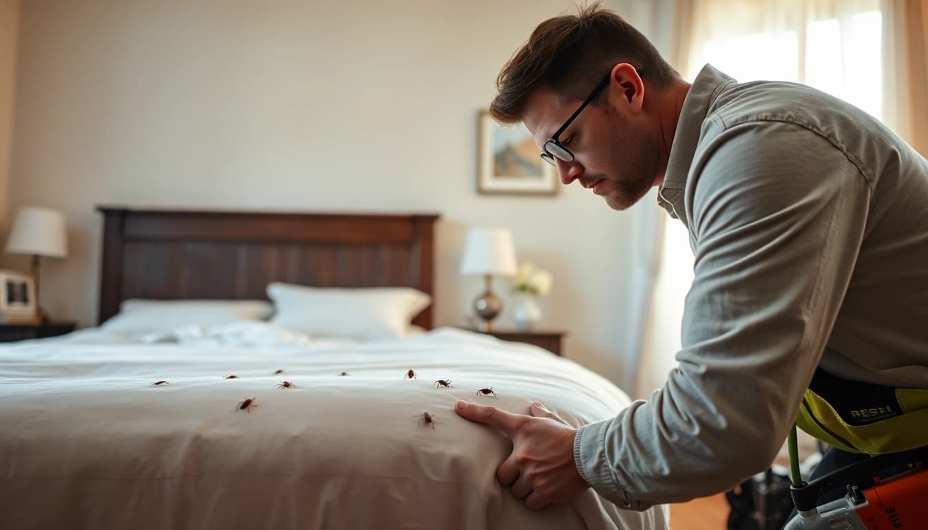 Bed bug exterminator inspecting a bedroom for pest control measures.