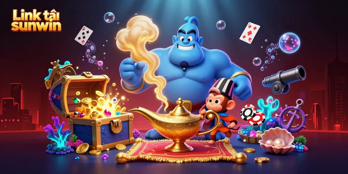 Engage with the thrilling Link tải sunwin gem adventure featuring a genie, monkey, and casino elements.