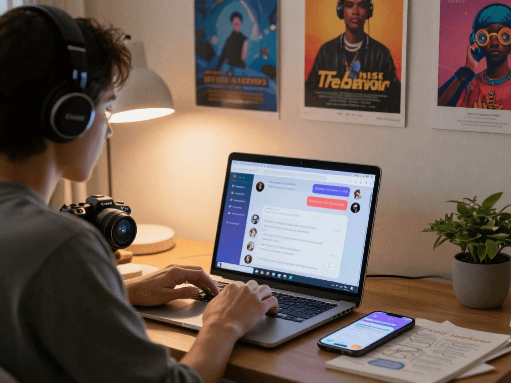 Engaging with an nsfw chat bot in a cozy home office setting.