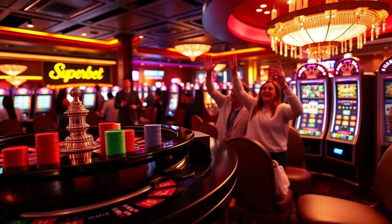 Enjoy thrilling Superbet experiences at a vibrant casino with roulette, slots, and excited players.