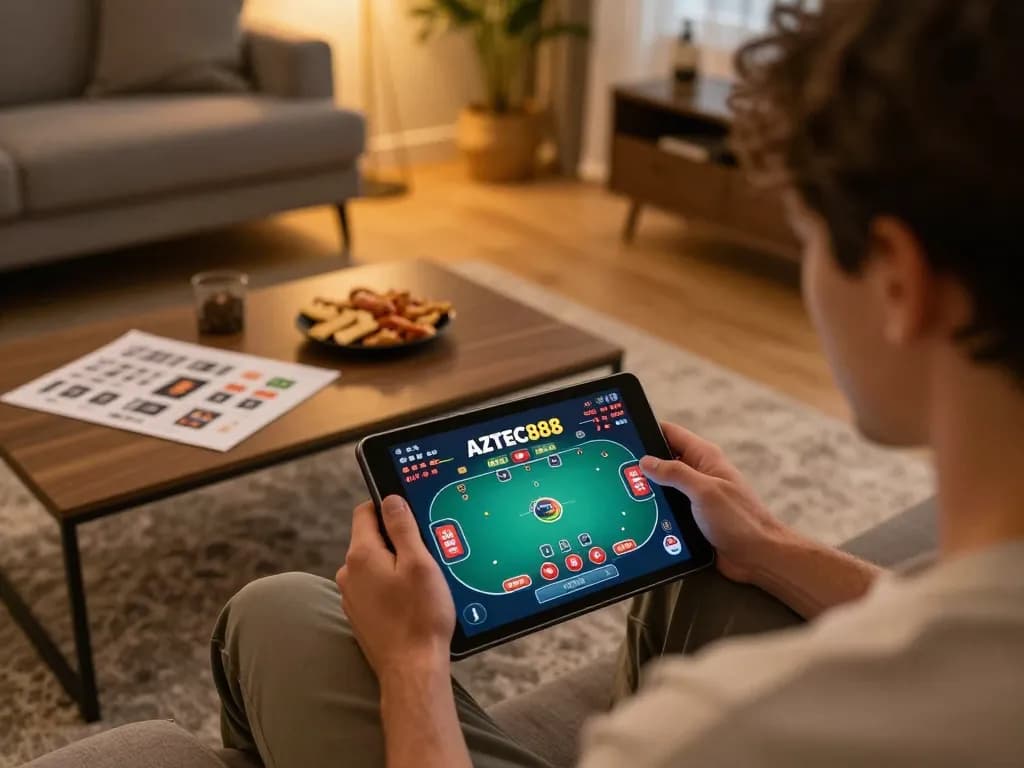 Engaging with AZTEC888 online casino gaming from home with a tablet and strategy notes