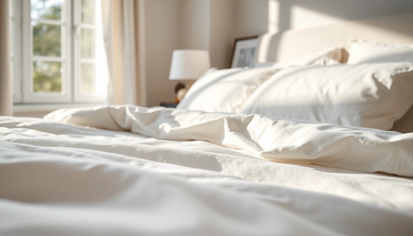 Verken percale katoen in een serene slaapkamer met natuurlijk licht en stijlvolle kussens.