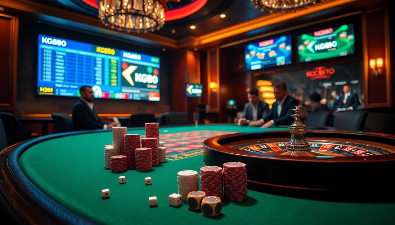 KG88 gamblers placing bets at a luxurious casino table, excitement in the air.