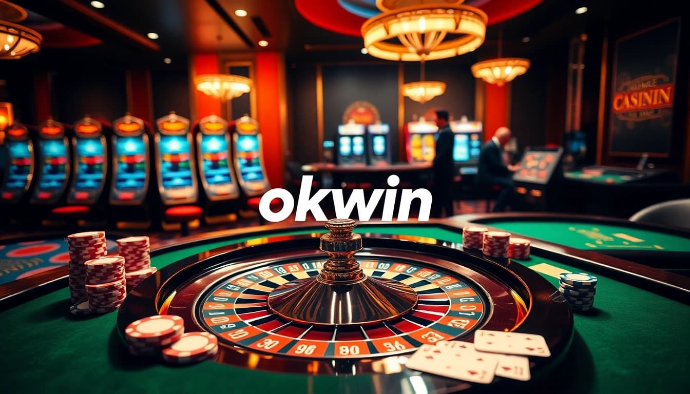 Experience thrill at okwin's casino with roulette, poker chips, and vibrant slot machines.