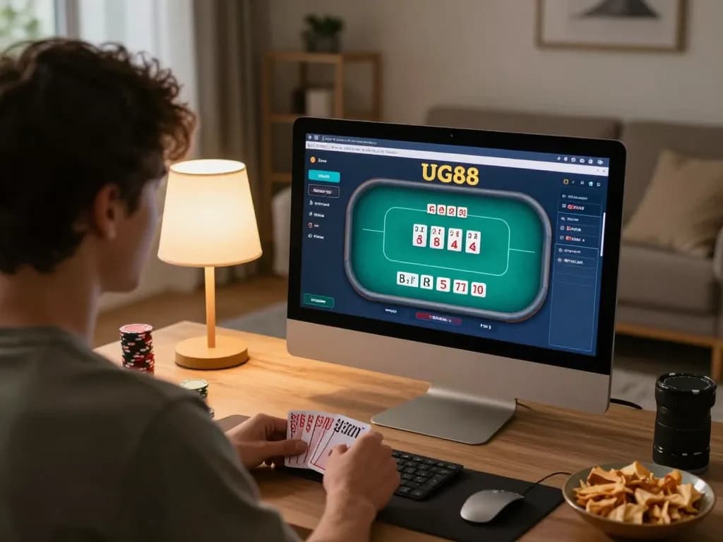 Engage in online poker at UG88 from a cozy home setup, showcasing an active gaming session.