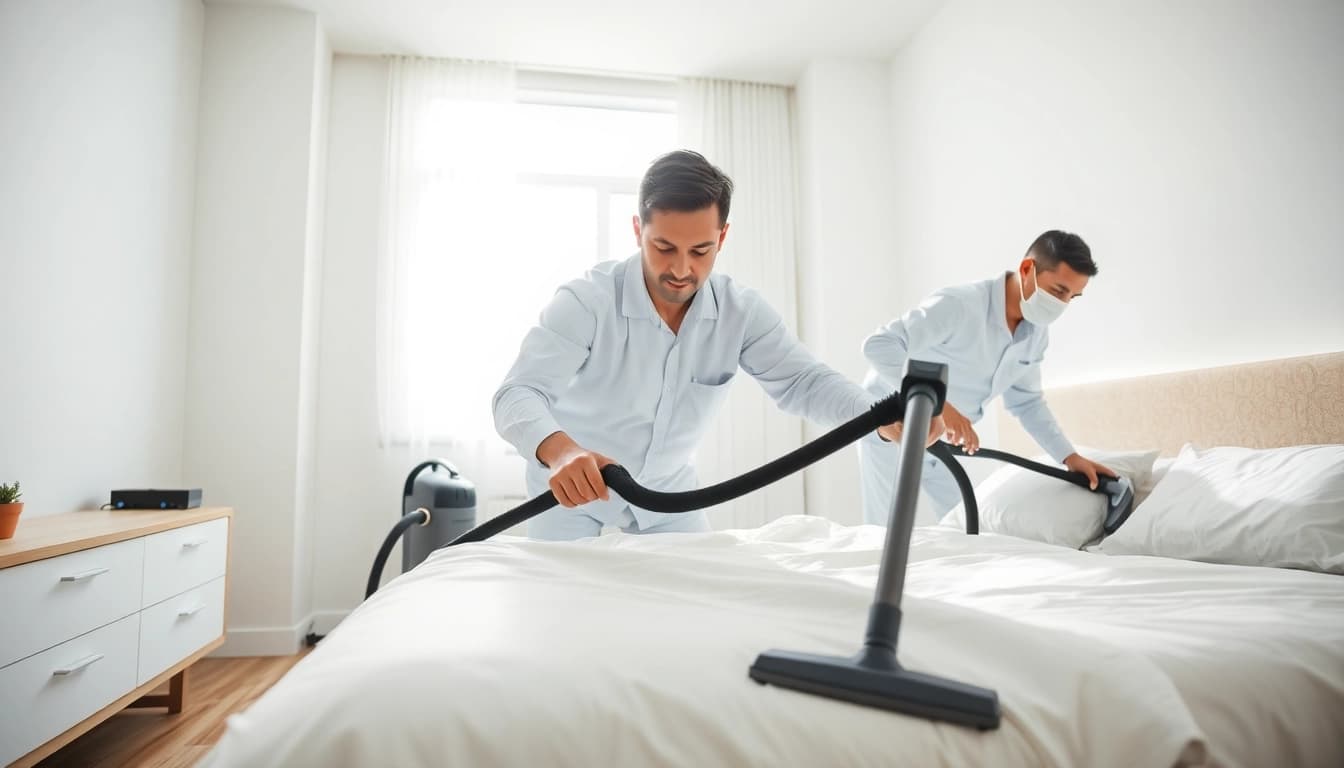 Bed bug exterminators demonstrating professional techniques in bed bug removal.