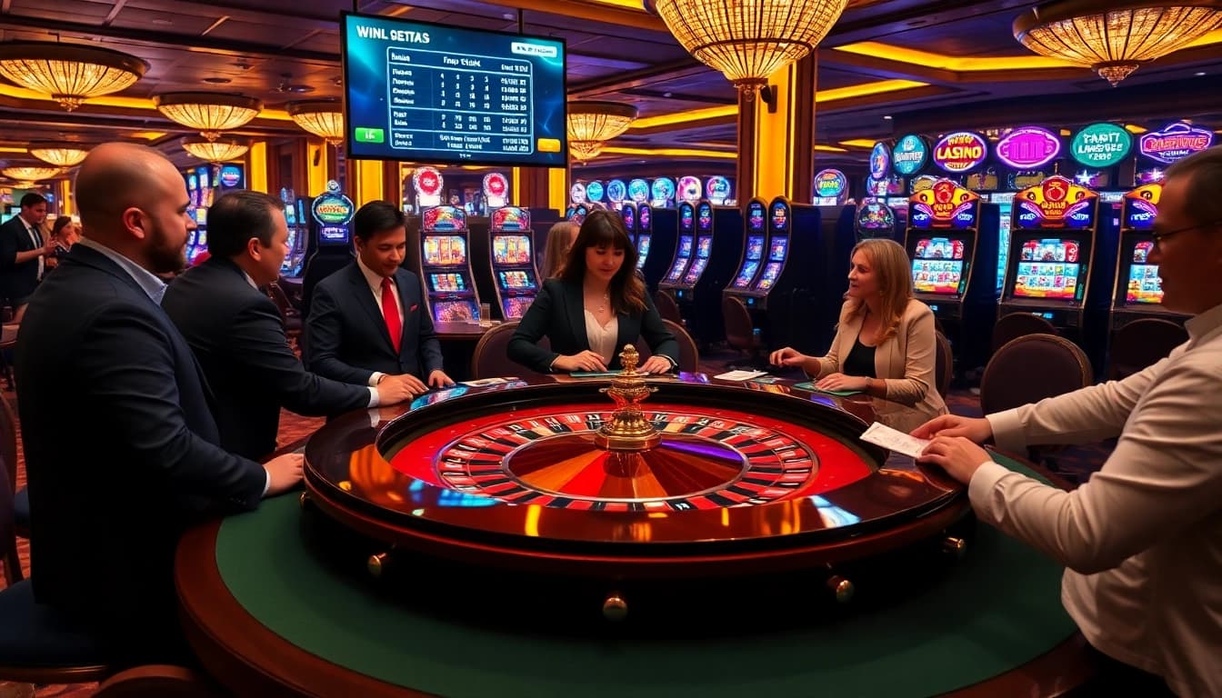 Engaged players strategizing at an idnslot table under vibrant casino lights.