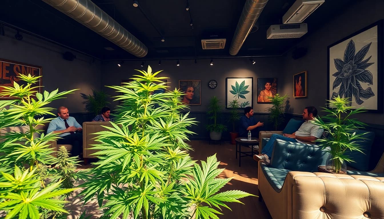 Members socializing at Green Guyz Cannabis Club Madrid showcasing vibrant ambiance and greenery.