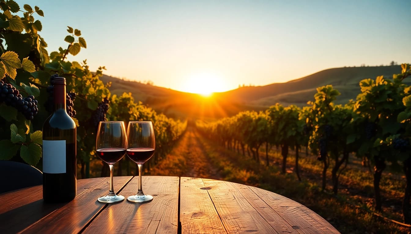 Enjoy the vibrant vineyard scenery in Carksburg CA with wine glasses and a rustic table.