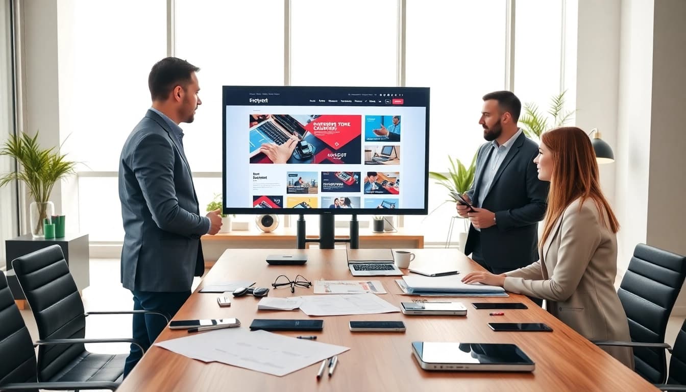 Website design Hereford team collaborating in a modern office showcasing innovative designs.