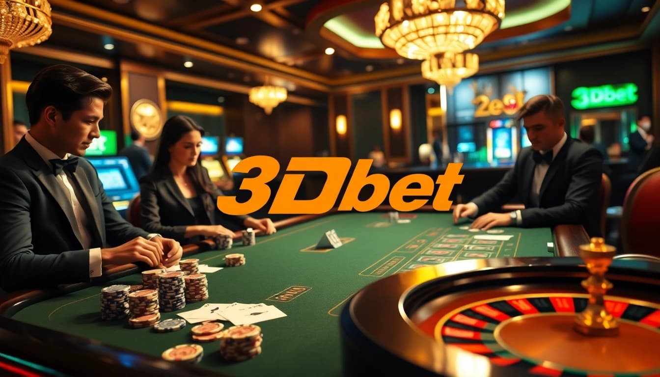 Exciting gaming scene at 3Dbet casino showcasing players engaged in poker and roulette under luxurious lighting.