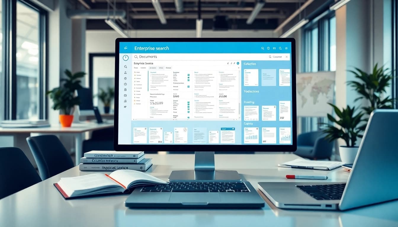 Visualize enterprise search software optimizing document organization in a professional workspace.