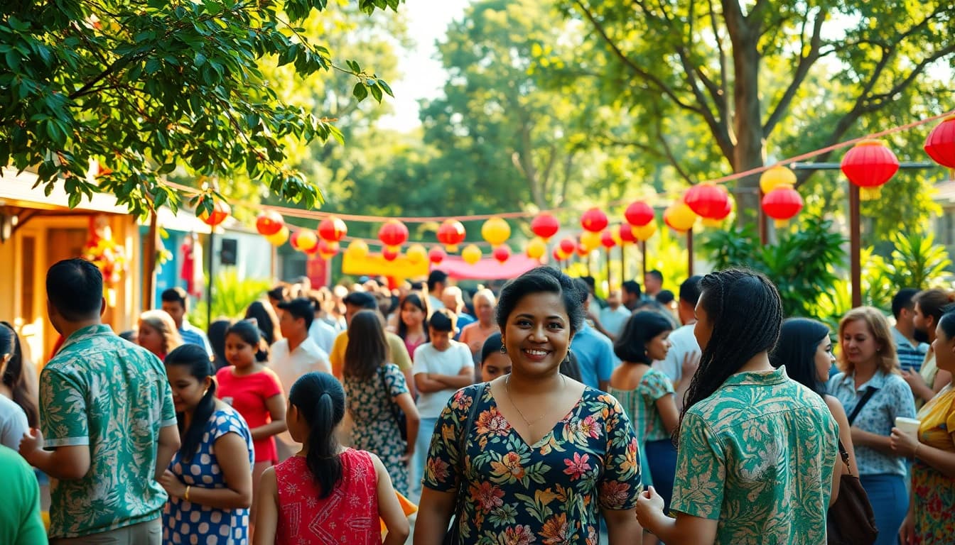 Engaging community gathering celebrating laoutaris with vibrant decorations and joyful interactions.