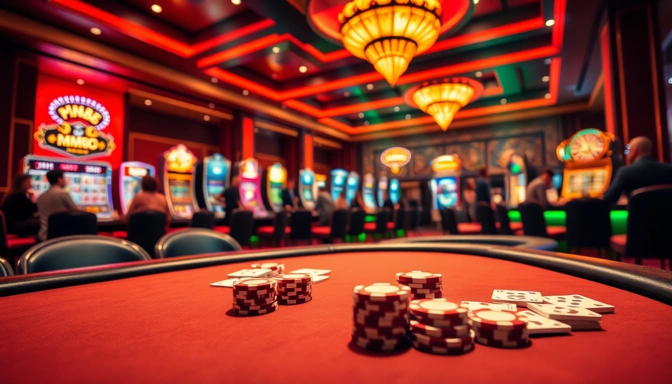 Players enjoying poker at MM88, surrounded by vibrant slot machines and roulette wheels.